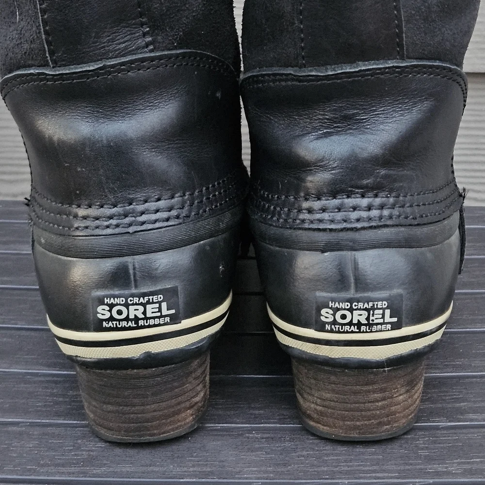 Sorel Black Leather Conquest Carly Boots Womens Size 8 Rubber Tall Waterproof